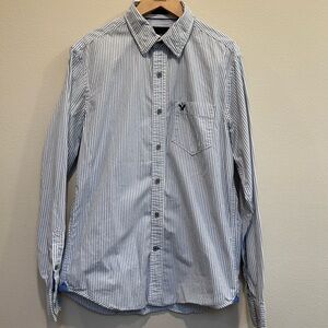 American Eagle Outfitters Men's White and Blue Striped Shirt, Athletic Fit, S